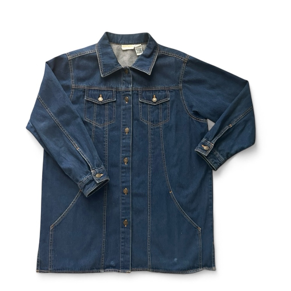 Vintage Roaman's Dark Blue Long Jean Jacket Coat size Button Front Size 6